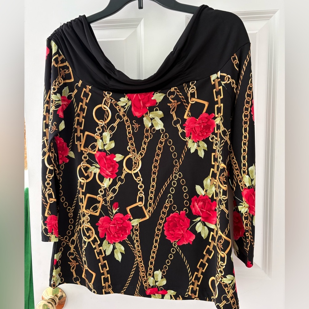 Susan Graver Black Top with Red Floral and Gold Chain Print